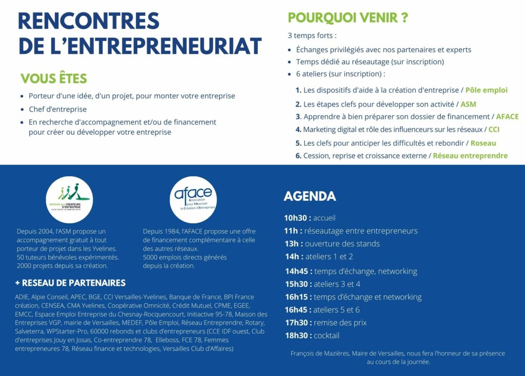 agenda des rencontres de l'entrepreneuriat le 18 janvier à Versailles