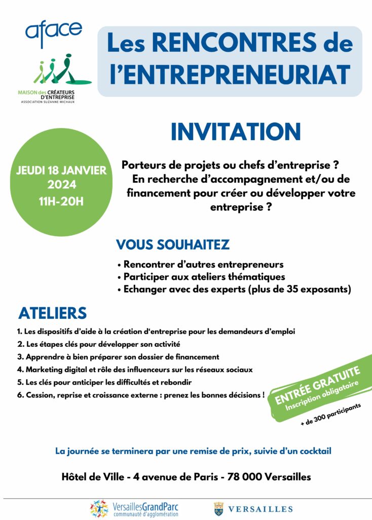 Invitation aux 3è Rencontres de l'entrepreneuriat le 18 janvier 2024, à la mairie de Versailles